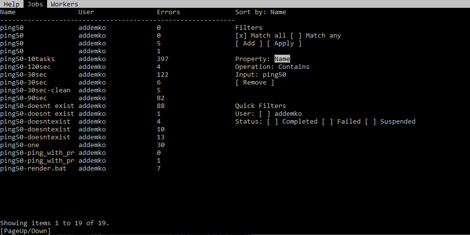 Screenshot of the jobs tab